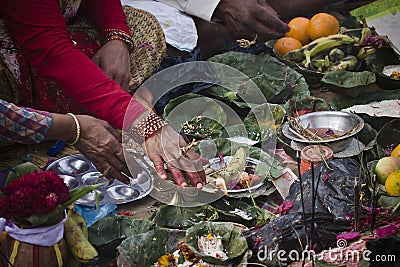 Hindu religious ceremony with â€‹â€‹offerings and Stock Photo